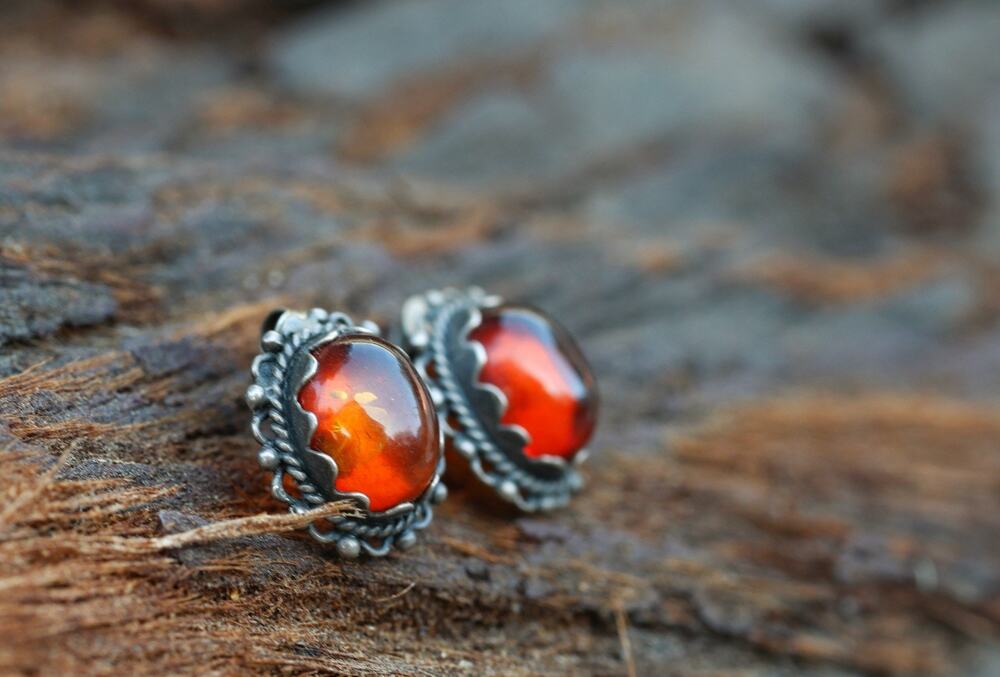 Amber Cabochon Sterling Silver Stud Earrings Vintage Ornate Filigree Bezel